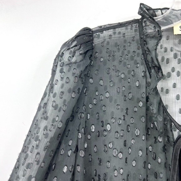 Secular Black Metallic Sheer Ruffle Tie Neck Blouse Size Small Button Cuffs USA - Picture 2 of 7
